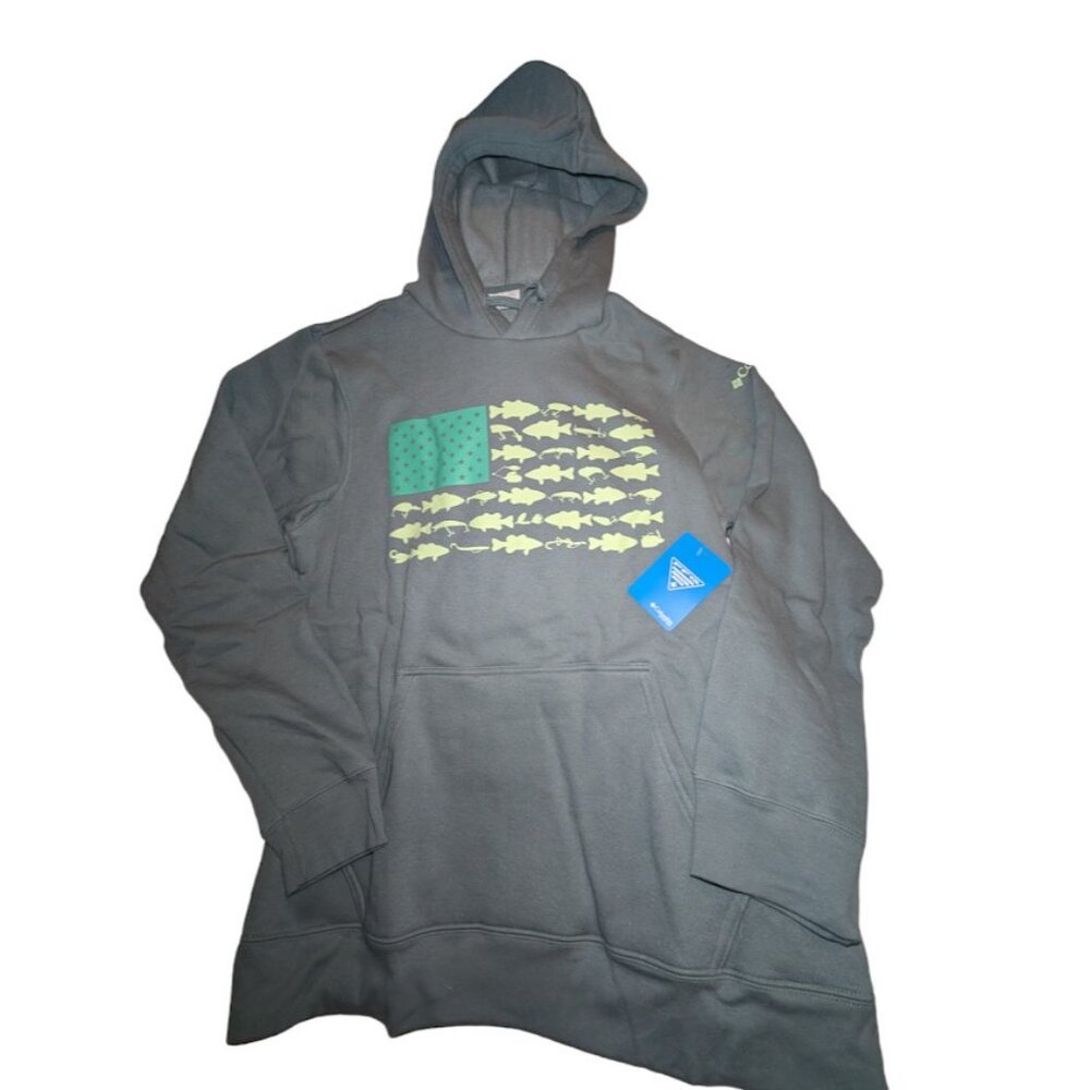Columbia PFG Men's Large Gray Fish Flag II Graphic Hoodie Sweatshirt New Wt Tags